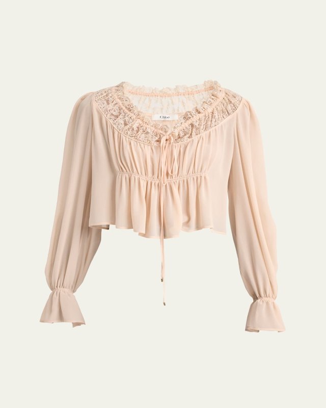 Ruched Lace Silk Peasant Blouse